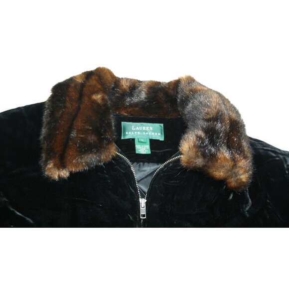 Ralph Lauren Black Velvet Faux Fur Collar Jacket Womens L Quilted Classic Luxe - Picture 3 of 9